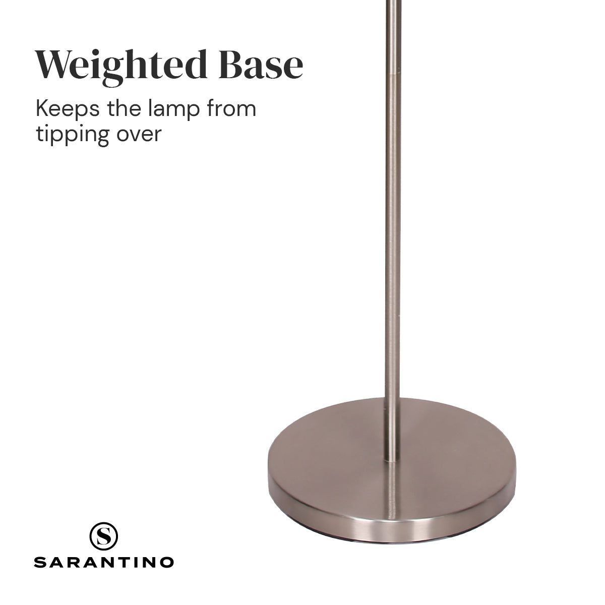 Sarantino Nickel Metal Arc Floor Lamp with a sleek nickel finish and white tapered shade, perfect for modern decor.