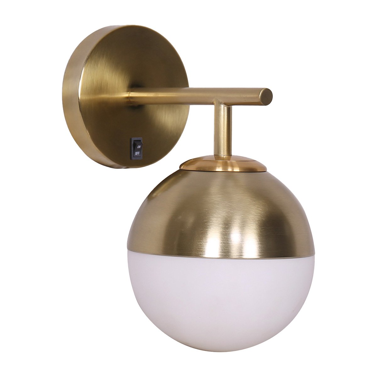 Sarantino Wall Lamp featuring a gold metal base and a white frosted glass globe shade, ideal for modern decor.