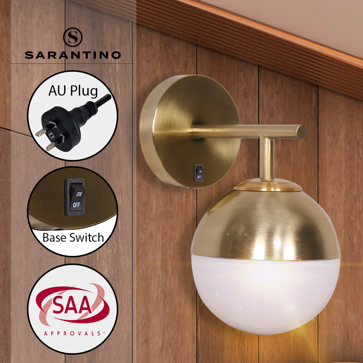 Sarantino Wall Lamp featuring a gold metal base and a white frosted glass globe shade, ideal for modern decor.