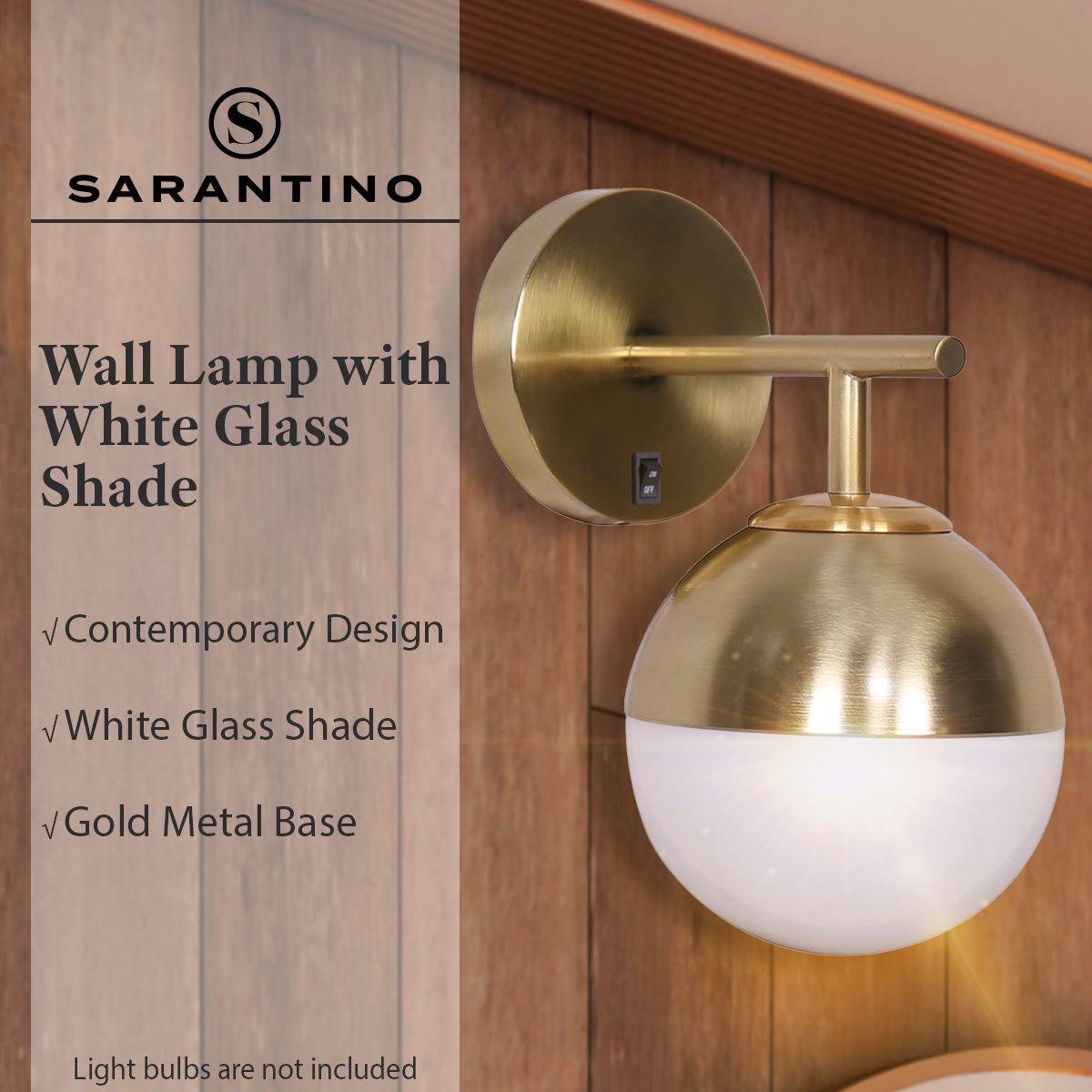 Sarantino Wall Lamp featuring a gold metal base and a white frosted glass globe shade, ideal for modern decor.