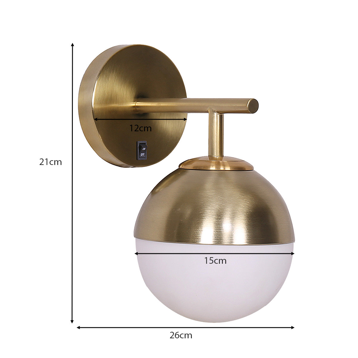 Sarantino Wall Lamp featuring a gold metal base and a white frosted glass globe shade, ideal for modern decor.