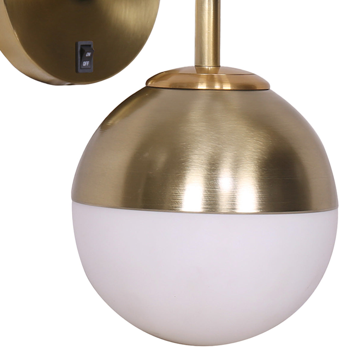 Sarantino Wall Lamp featuring a gold metal base and a white frosted glass globe shade, ideal for modern decor.