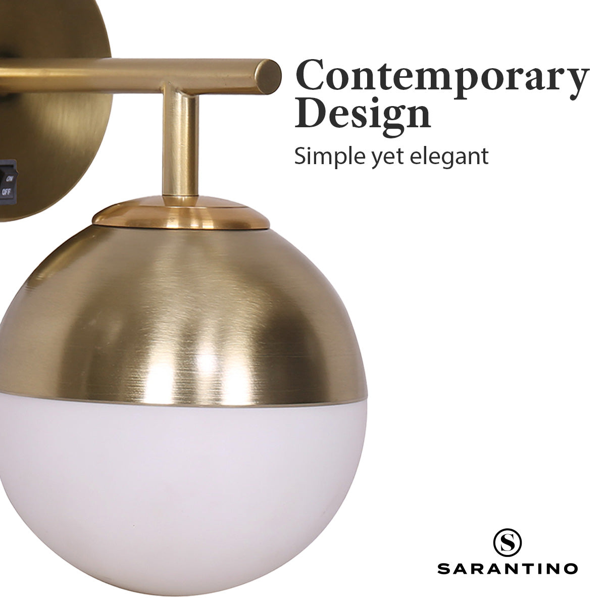 Sarantino Wall Lamp featuring a gold metal base and a white frosted glass globe shade, ideal for modern decor.