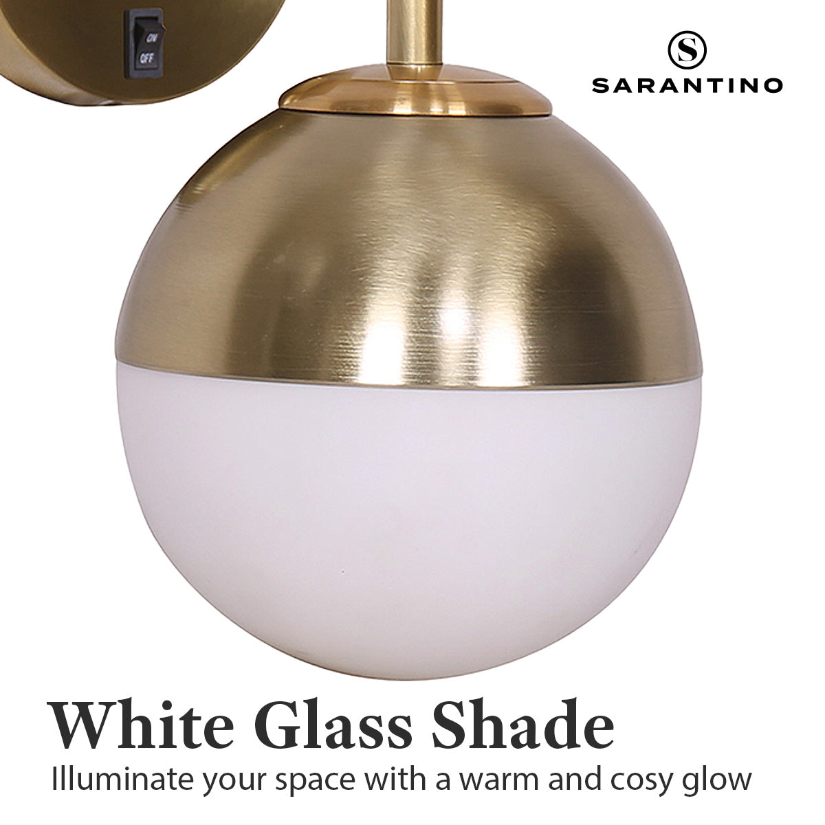 Sarantino Wall Lamp featuring a gold metal base and a white frosted glass globe shade, ideal for modern decor.
