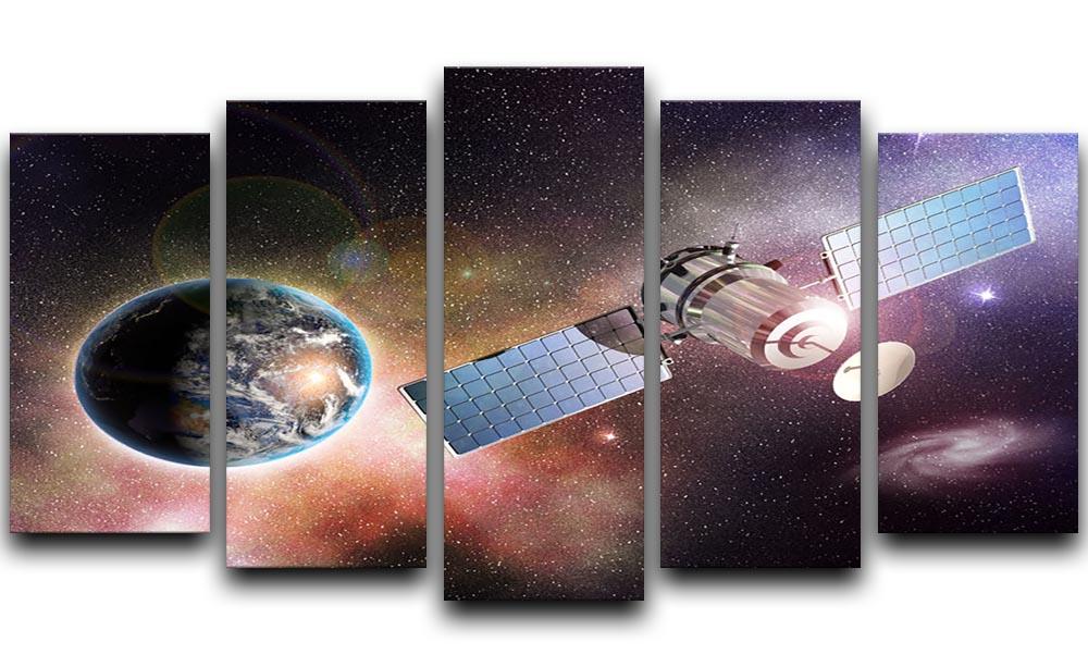 A stunning 5-split canvas artwork depicting a satellite orbiting Earth, showcasing vibrant colors and dynamic design.