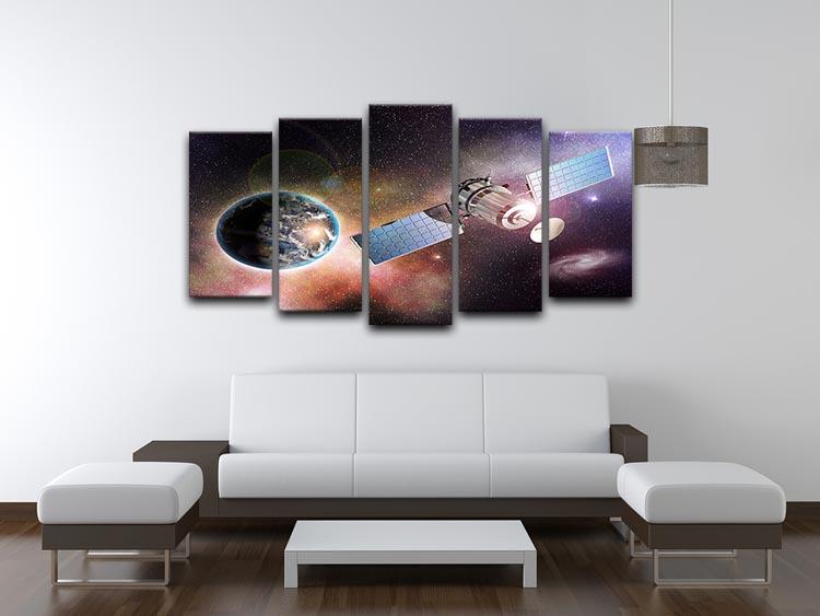 A stunning 5-split canvas artwork depicting a satellite orbiting Earth, showcasing vibrant colors and dynamic design.