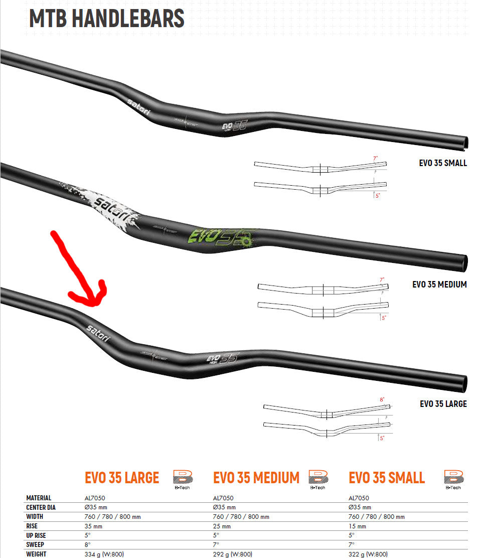 Satori EVO 35 Large black MTB handlebar with 35mm rise and 780mm width, showcasing its ergonomic design and lightweight construction.