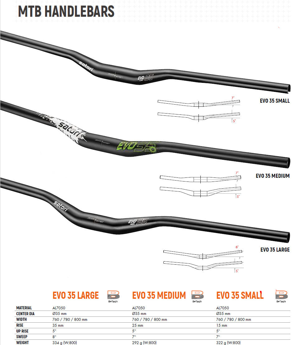 Satori EVO 35 Large black MTB handlebar with 35mm rise and 780mm width, showcasing its ergonomic design and lightweight construction.