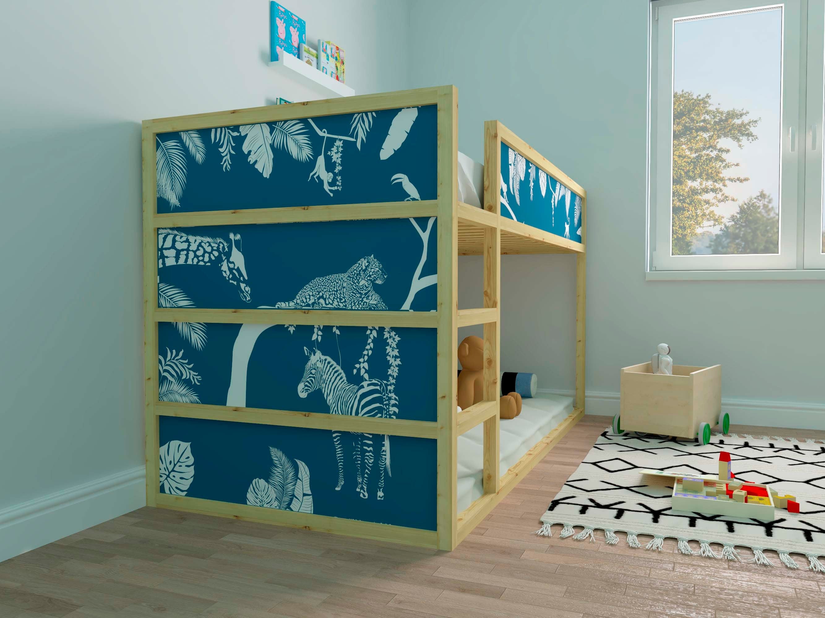 Colorful peel-and-stick safari-themed decals for children's room decor, featuring jungle animals and nature elements.