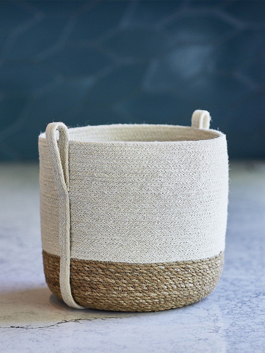 Savar Basket with Side Handle made from natural jute and seagrass, showcasing its unique handwoven design and eco-friendly materials.