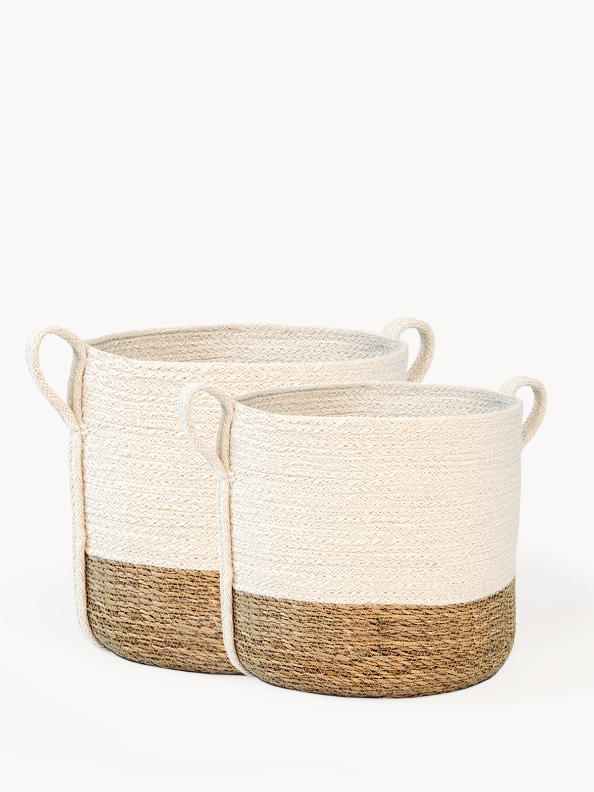 Savar Basket with Side Handle made from natural jute and seagrass, showcasing its unique handwoven design and eco-friendly materials.