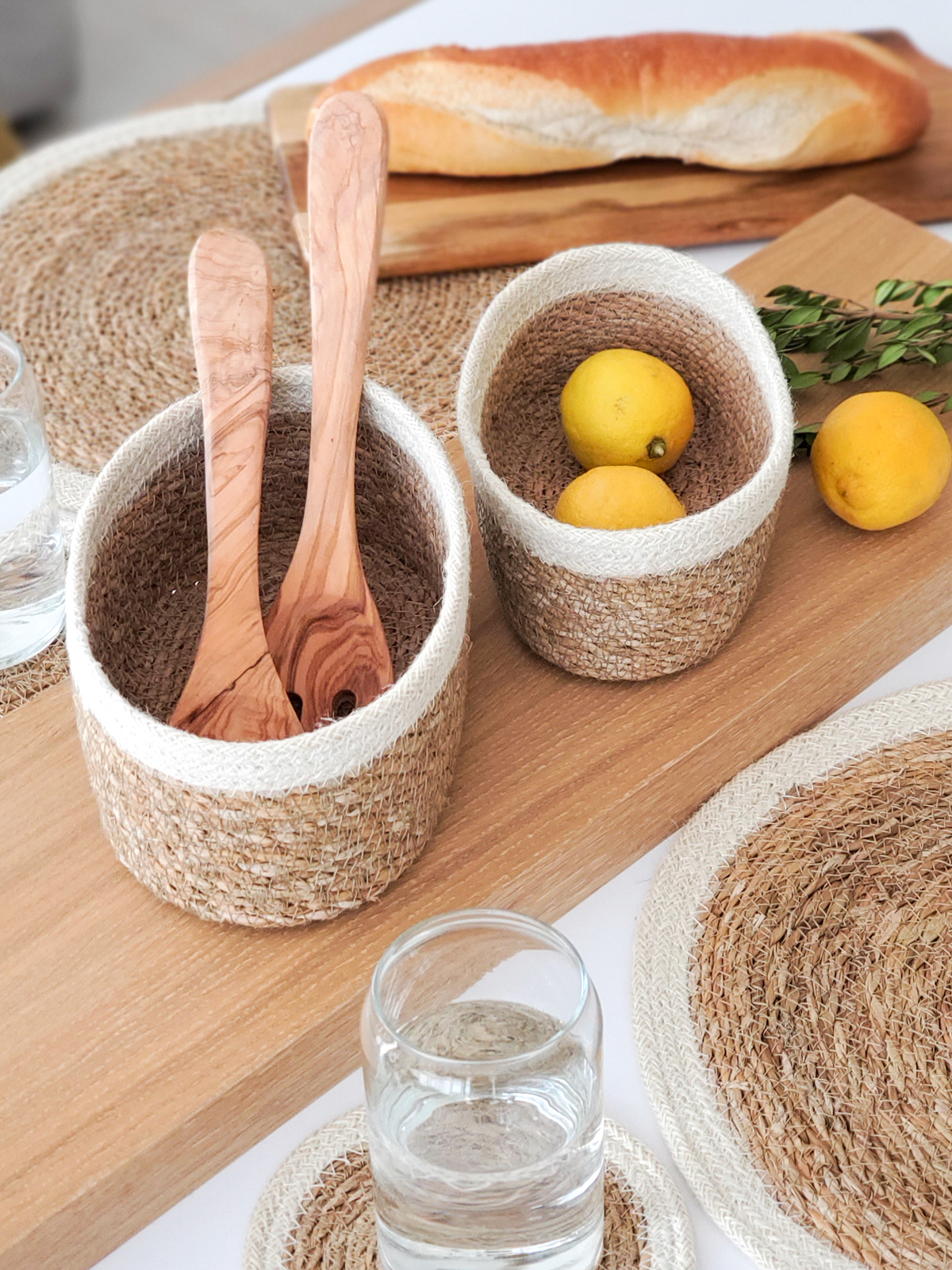 Set of three Savar Oval Bowls made from seagrass and jute, showcasing their natural and rustic design.