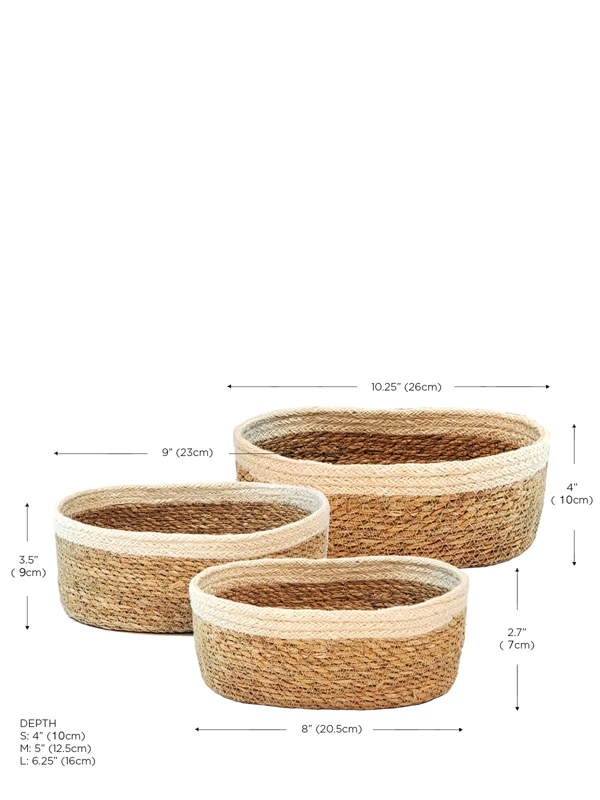 Set of three Savar Oval Bowls made from seagrass and jute, showcasing their natural and rustic design.