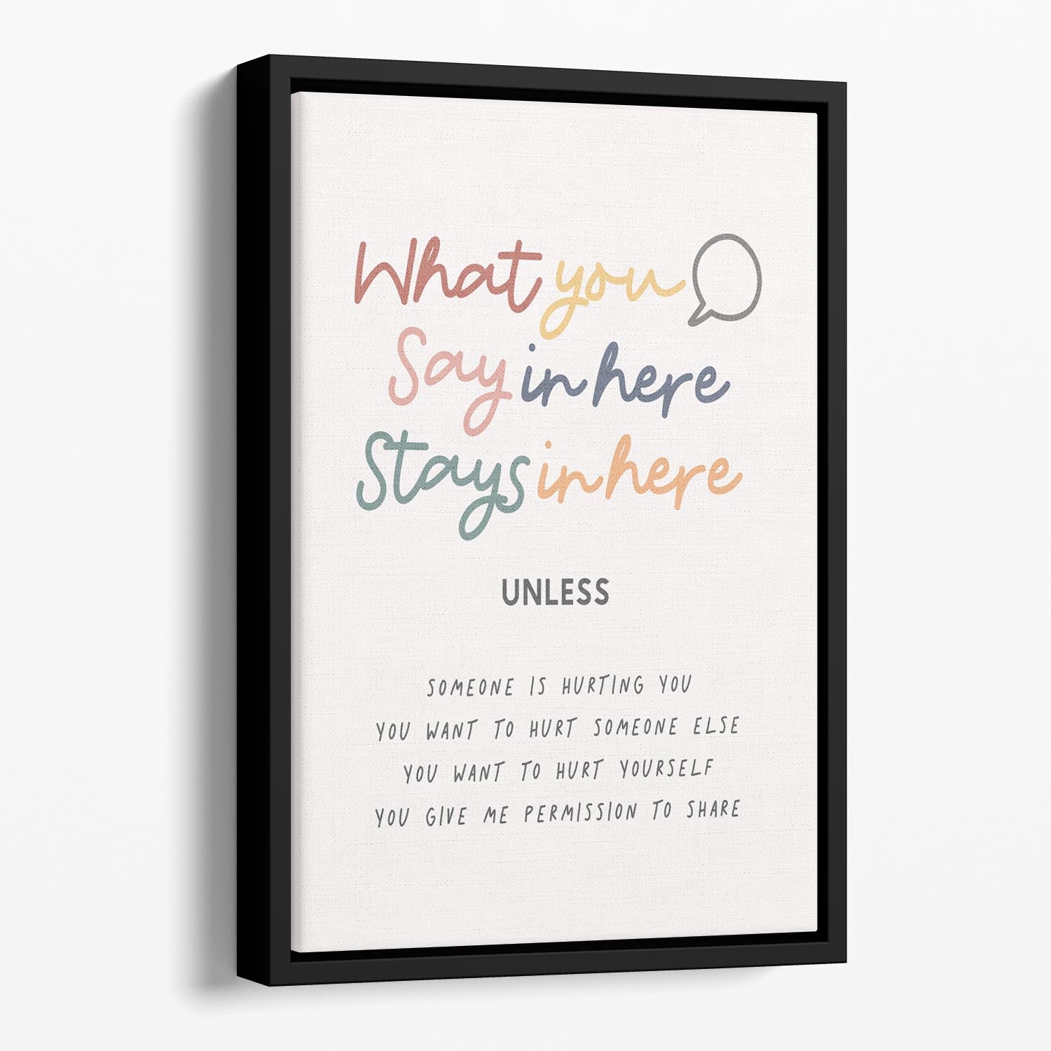 Say Here Stays Here Floating Framed Canvas featuring vibrant abstract art in an elegant wooden frame, perfect for modern home decor.