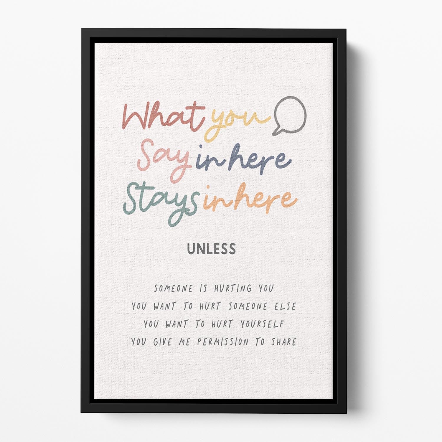 Say Here Stays Here Floating Framed Canvas featuring vibrant abstract art in an elegant wooden frame, perfect for modern home decor.