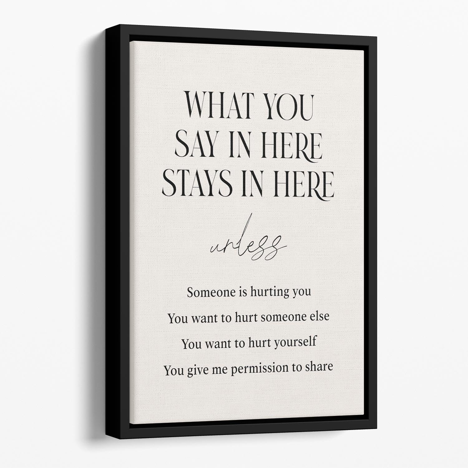 Saysherestayhere Floating Framed Canvas featuring vibrant abstract art in an elegant wooden frame, enhancing home decor.