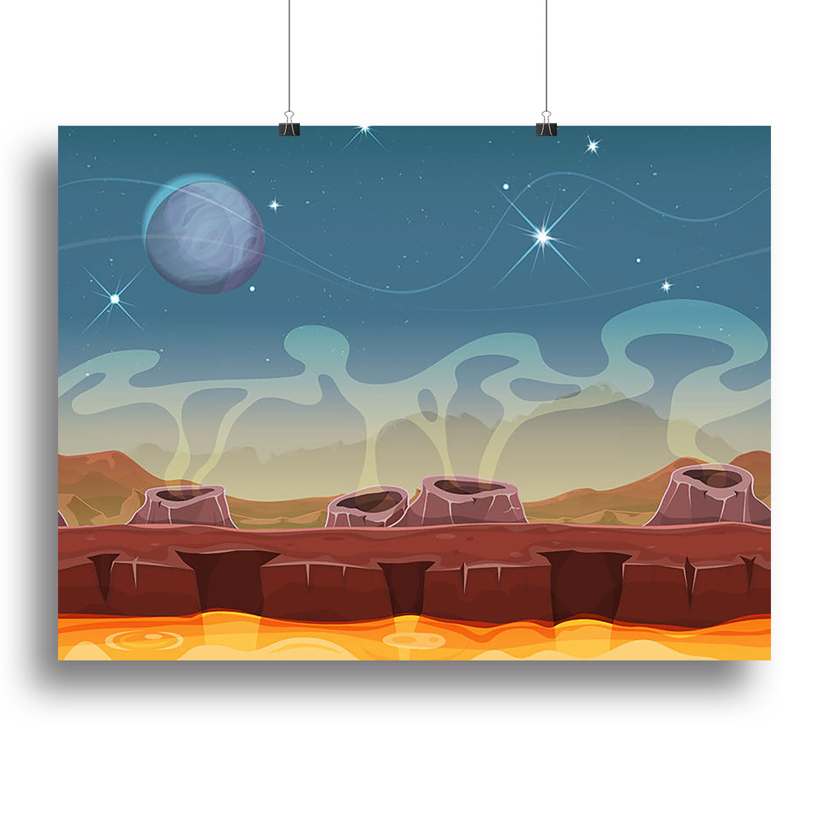 A vibrant Sci-Fi Alien Planet Canvas Print showcasing an imaginative alien landscape with vivid colors and intricate details.