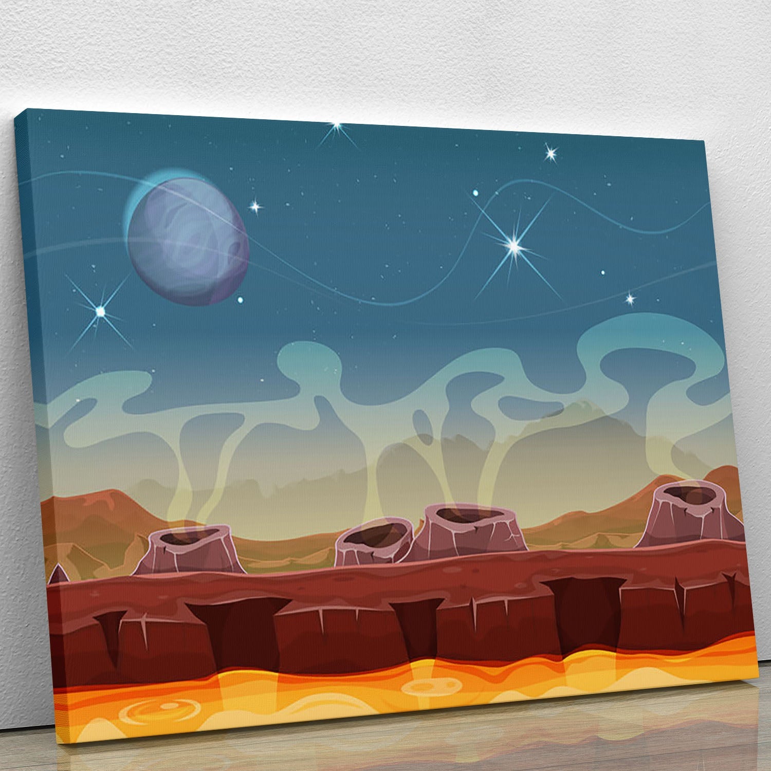 A vibrant Sci-Fi Alien Planet Canvas Print showcasing an imaginative alien landscape with vivid colors and intricate details.