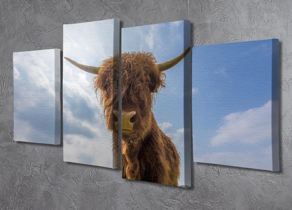 A beautiful 4-split canvas artwork featuring Scottish Highland cattle in a lush pasture, showcasing their iconic long horns and shaggy fur.