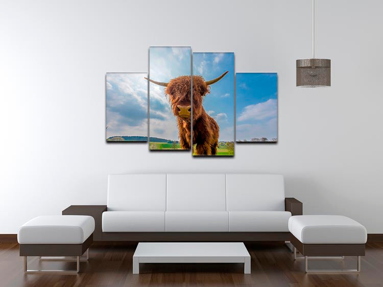A beautiful 4-split canvas artwork featuring Scottish Highland cattle in a lush pasture, showcasing their iconic long horns and shaggy fur.