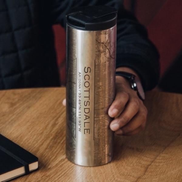 Custom engraved stainless steel tumbler featuring a detailed map of Scottsdale, Arizona with coordinates.