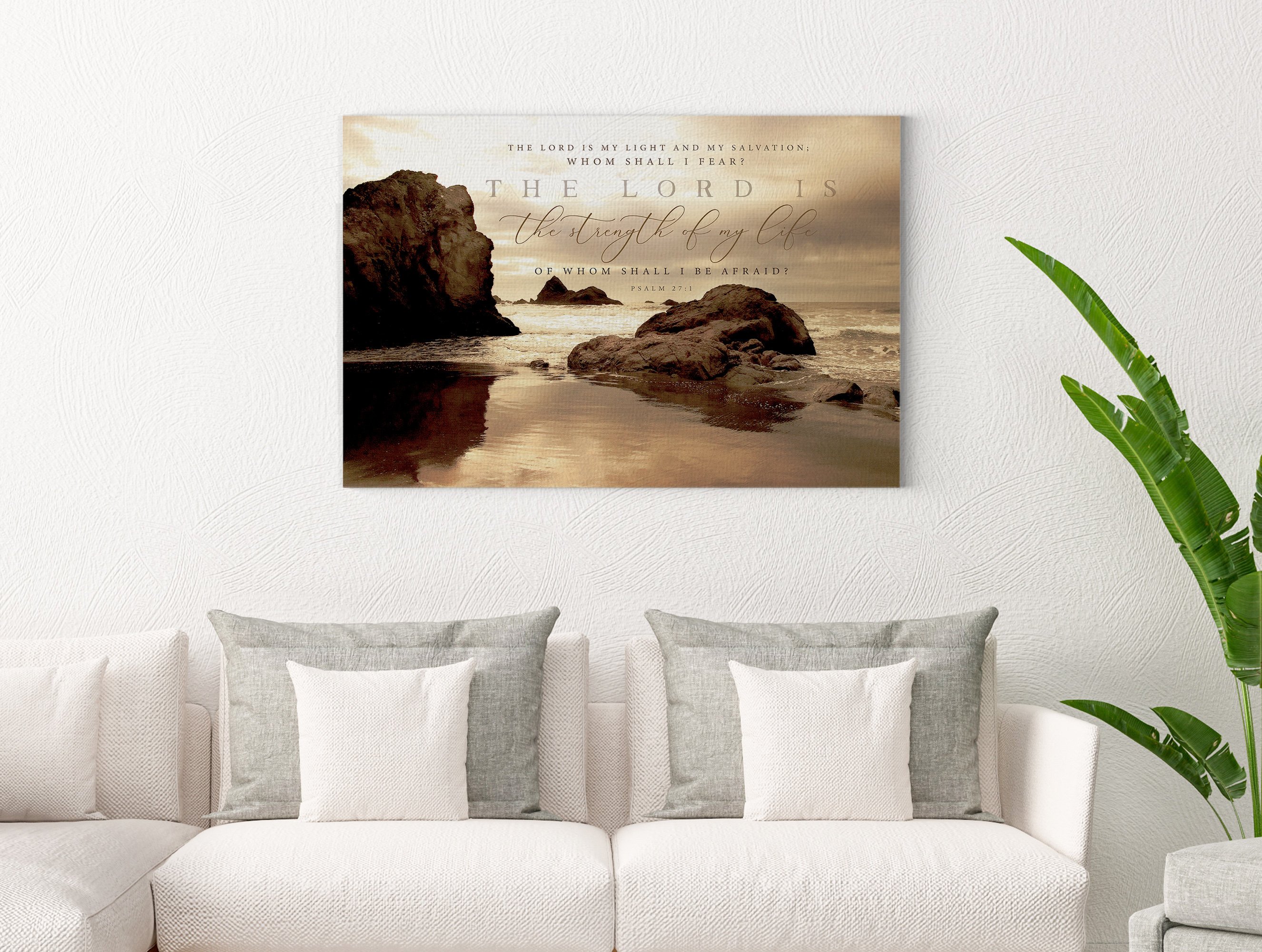 Scripture Wall Art featuring Psalm 27:1 with a majestic lion, beautifully hand-lettered on a canvas print.