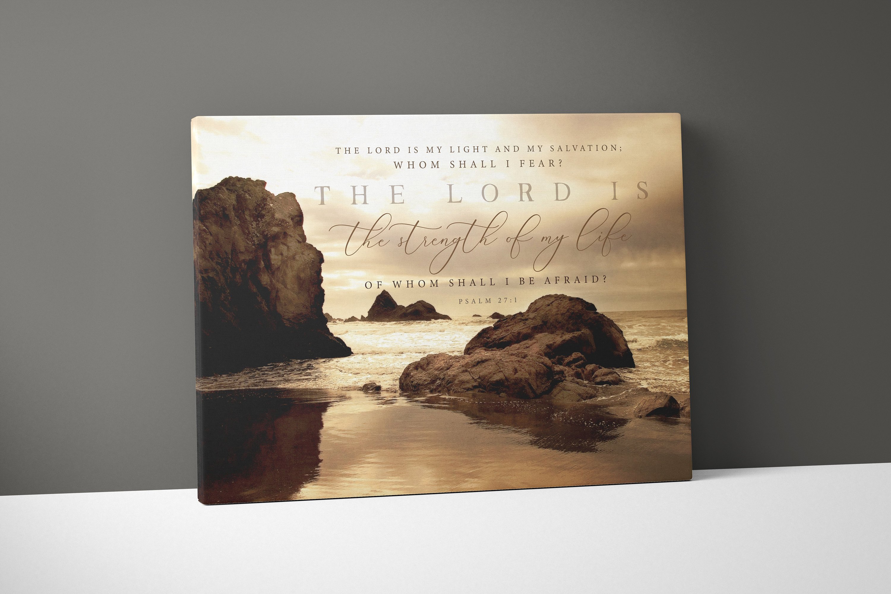 Scripture Wall Art featuring Psalm 27:1 with a majestic lion, beautifully hand-lettered on a canvas print.