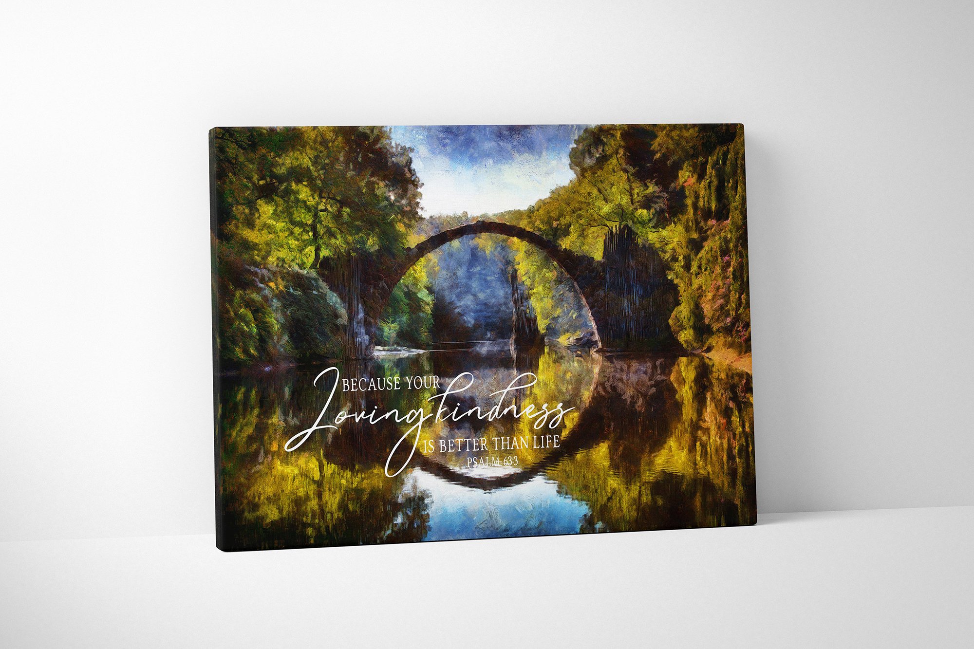 A beautiful canvas print featuring Psalm 63:3, showcasing a serene landscape that inspires meditation and reflection.