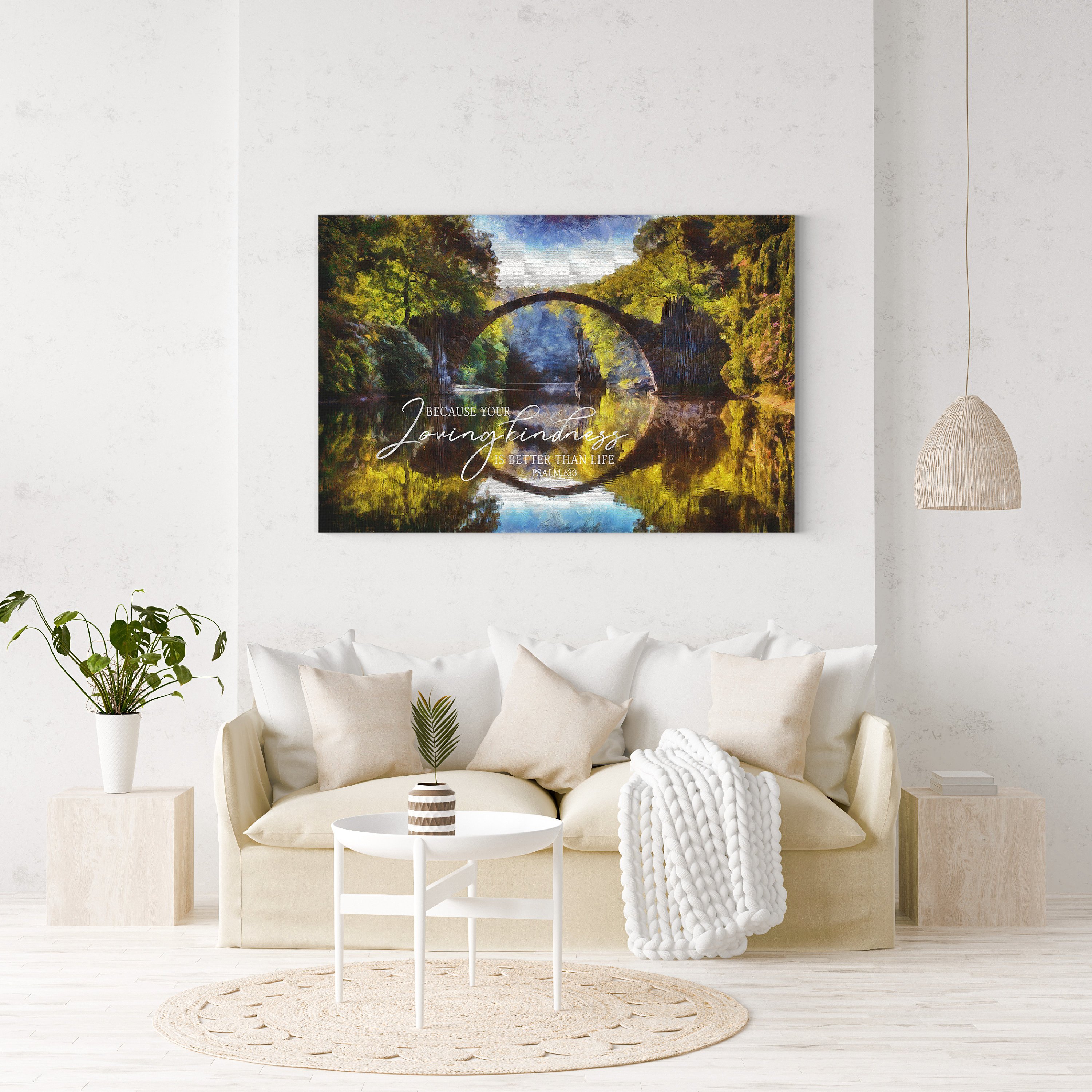 A beautiful canvas print featuring Psalm 63:3, showcasing a serene landscape that inspires meditation and reflection.