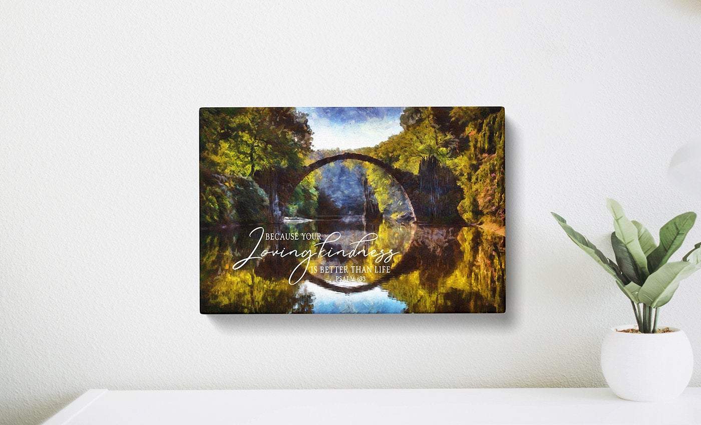 A beautiful canvas print featuring Psalm 63:3, showcasing a serene landscape that inspires meditation and reflection.