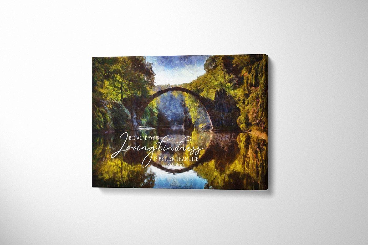 A beautiful canvas print featuring Psalm 63:3, showcasing a serene landscape that inspires meditation and reflection.