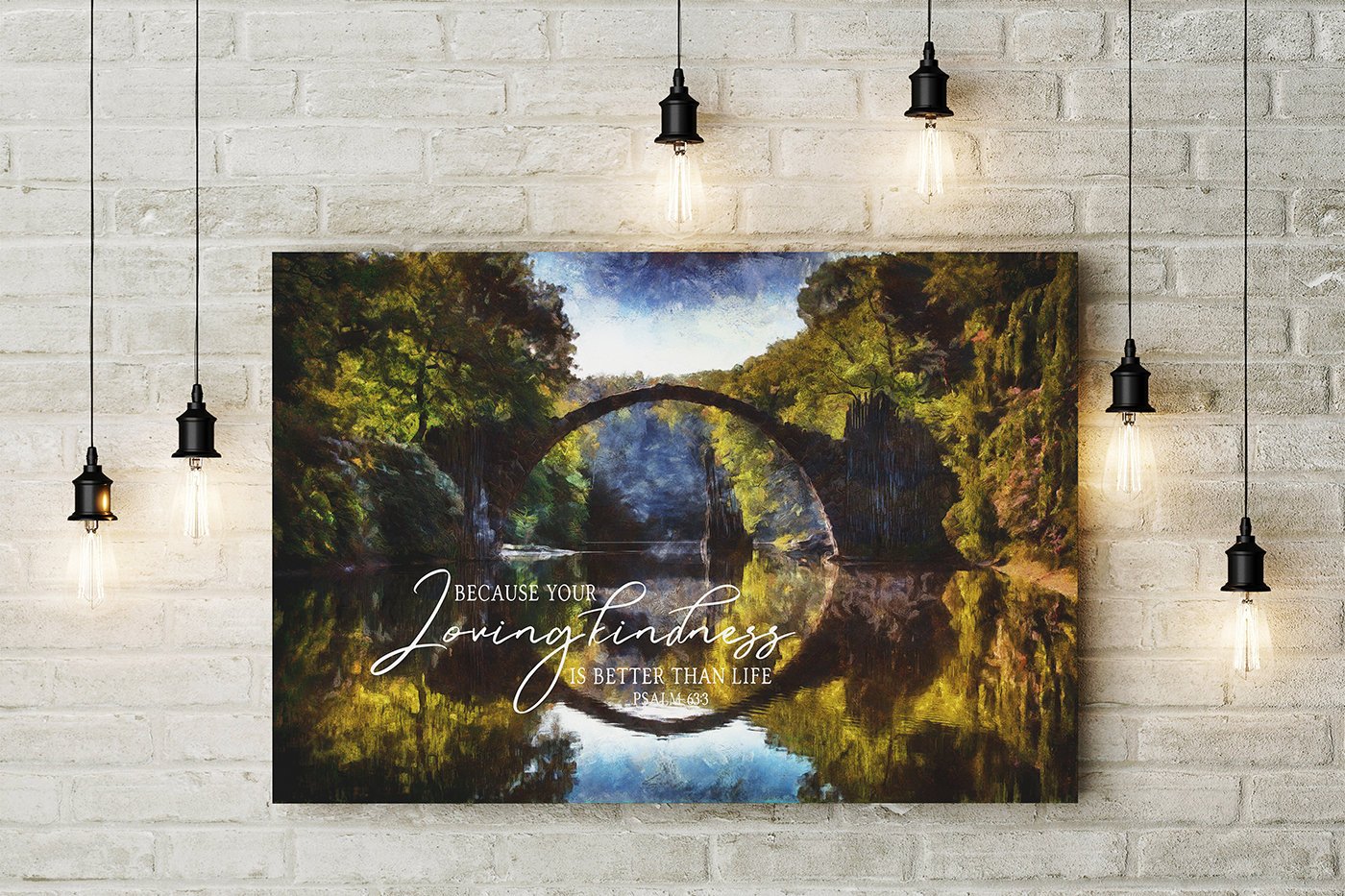 A beautiful canvas print featuring Psalm 63:3, showcasing a serene landscape that inspires meditation and reflection.