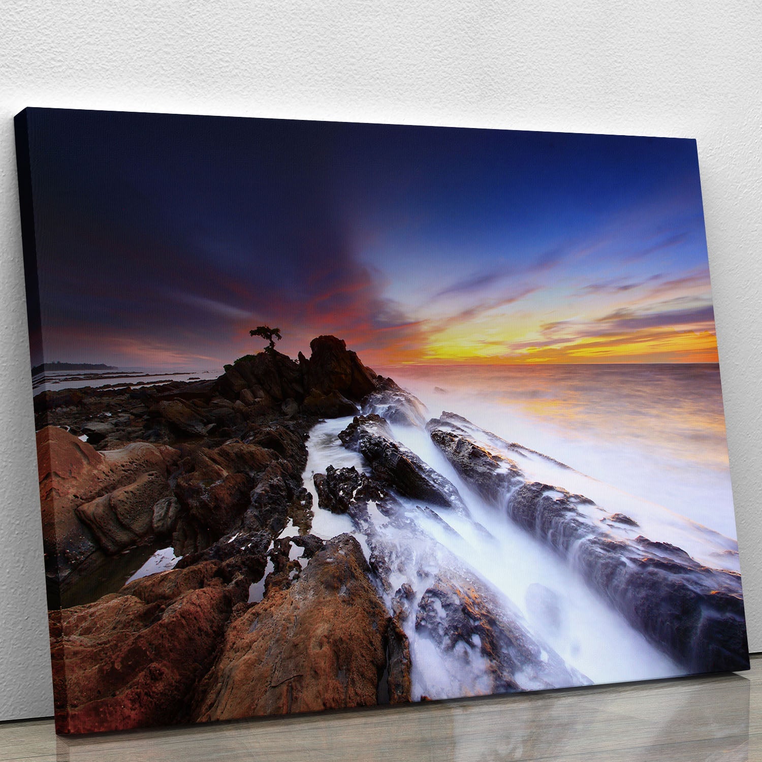 A beautiful canvas print featuring serene sea rocks, showcasing vibrant colors and natural beauty, perfect for home decor.
