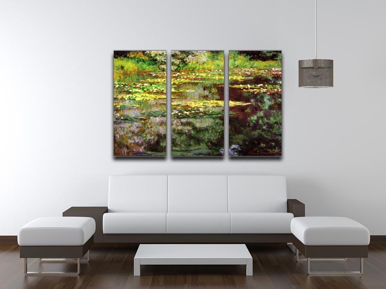 A beautiful split panel canvas print featuring Monet's Sea Rose Pond, showcasing vibrant colors and serene water lilies.