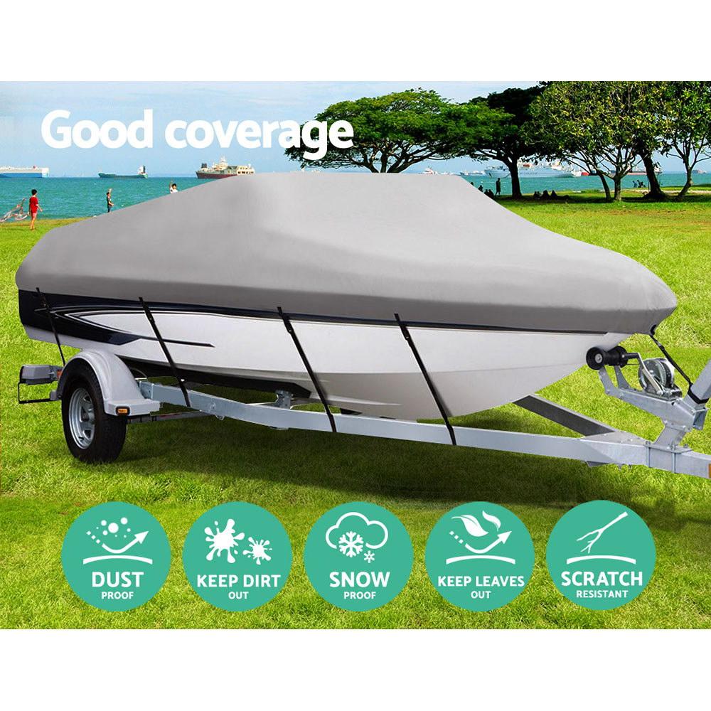 Seamanship 14-16ft Boat Cover in grey, made from durable 600D polyester, showcasing its waterproof and UV-resistant features.