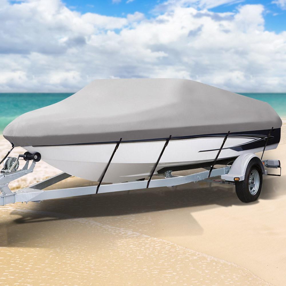 Seamanship 14-16ft Boat Cover in grey, made from durable 600D polyester, showcasing its waterproof and UV-resistant features.