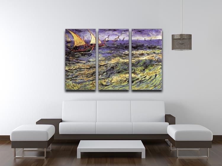 Seascape at Saintes-Maries by Van Gogh, a 3-panel canvas print showcasing vibrant colors and intricate details of the artwork.