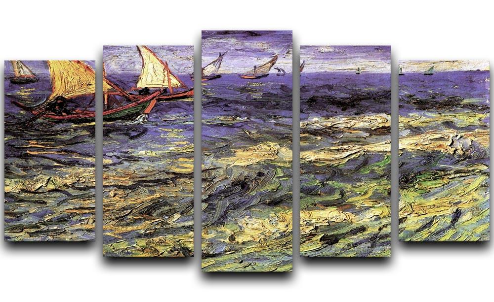 5 split panel canvas artwork of Seascape at Saintes-Maries by Van Gogh, showcasing vibrant colors and dynamic brush strokes.