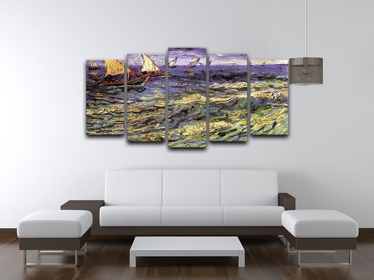 5 split panel canvas artwork of Seascape at Saintes-Maries by Van Gogh, showcasing vibrant colors and dynamic brush strokes.