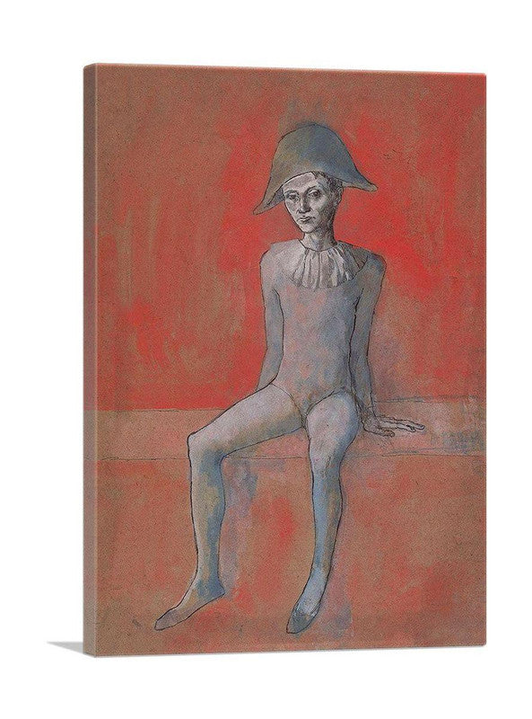 Seated Harlequin artwork featuring a vibrant red background, showcasing a playful character in a modern art style.