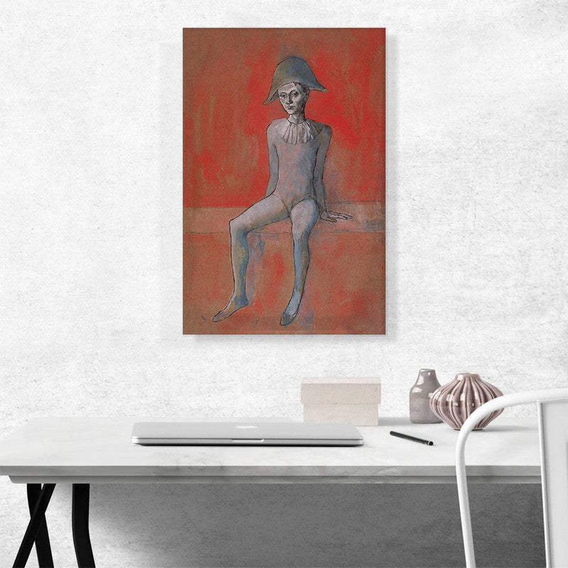 Seated Harlequin artwork featuring a vibrant red background, showcasing a playful character in a modern art style.