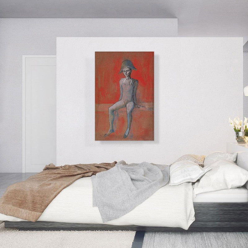 Seated Harlequin artwork featuring a vibrant red background, showcasing a playful character in a modern art style.