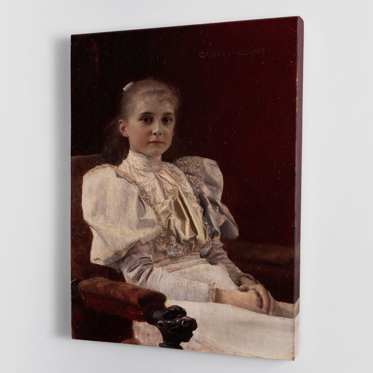 Canvas print of Seated Young Girl by Klimt, showcasing intricate patterns and vibrant colors.