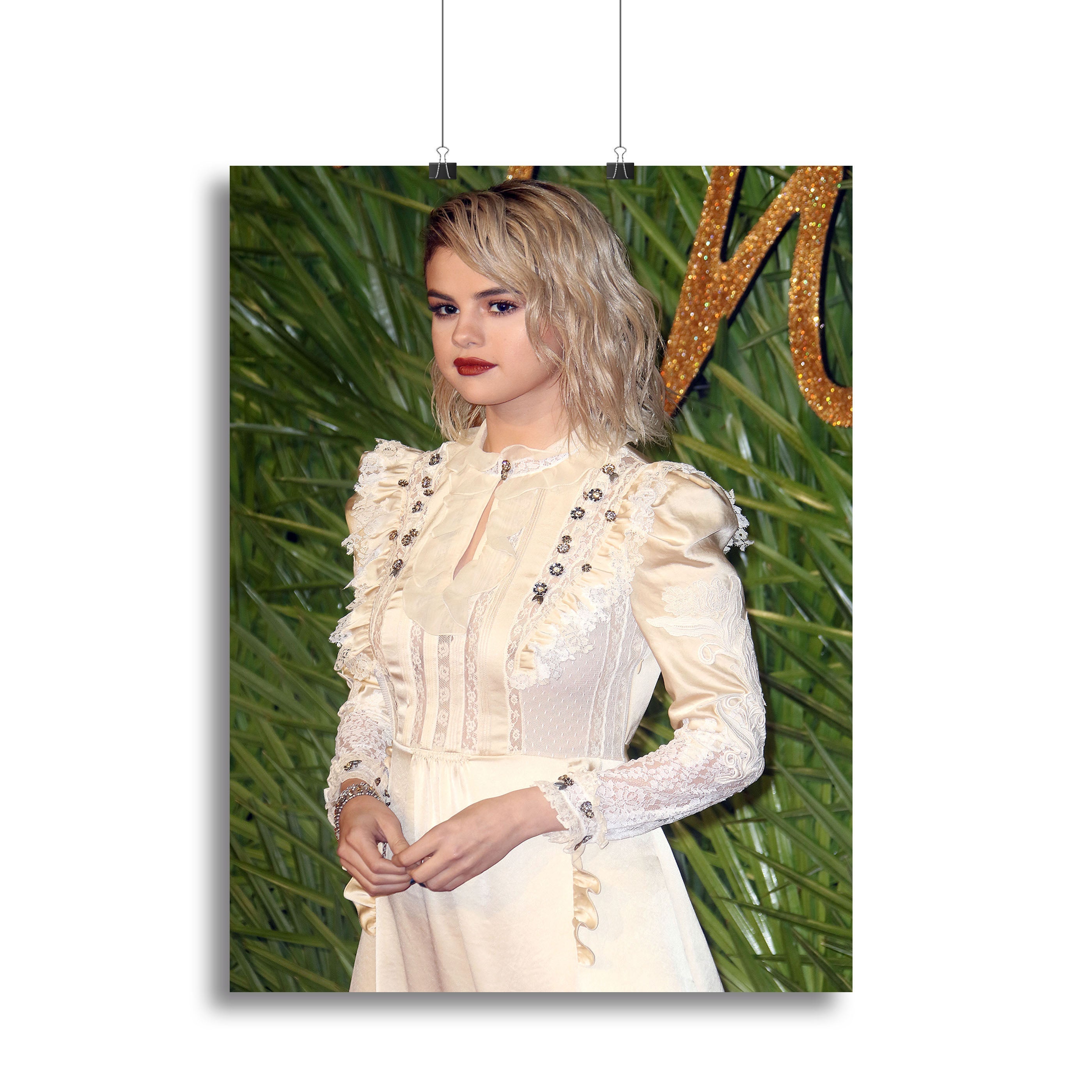 Selena Gomez in a stunning white canvas print, showcasing her elegance and charm, perfect for home or office decor.