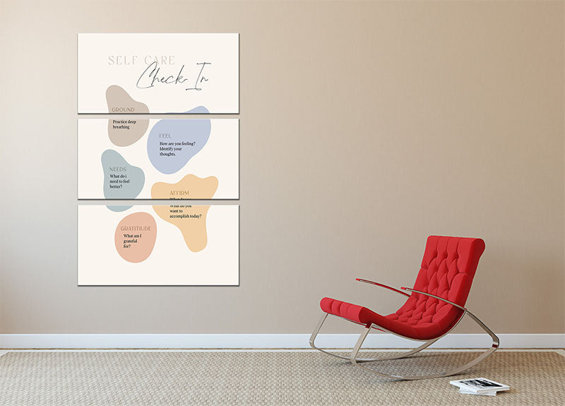 Self Care Checkin 5 Steps 3 Split Panel Canvas Print showcasing vibrant and modern art themes, perfect for enhancing any room's decor.