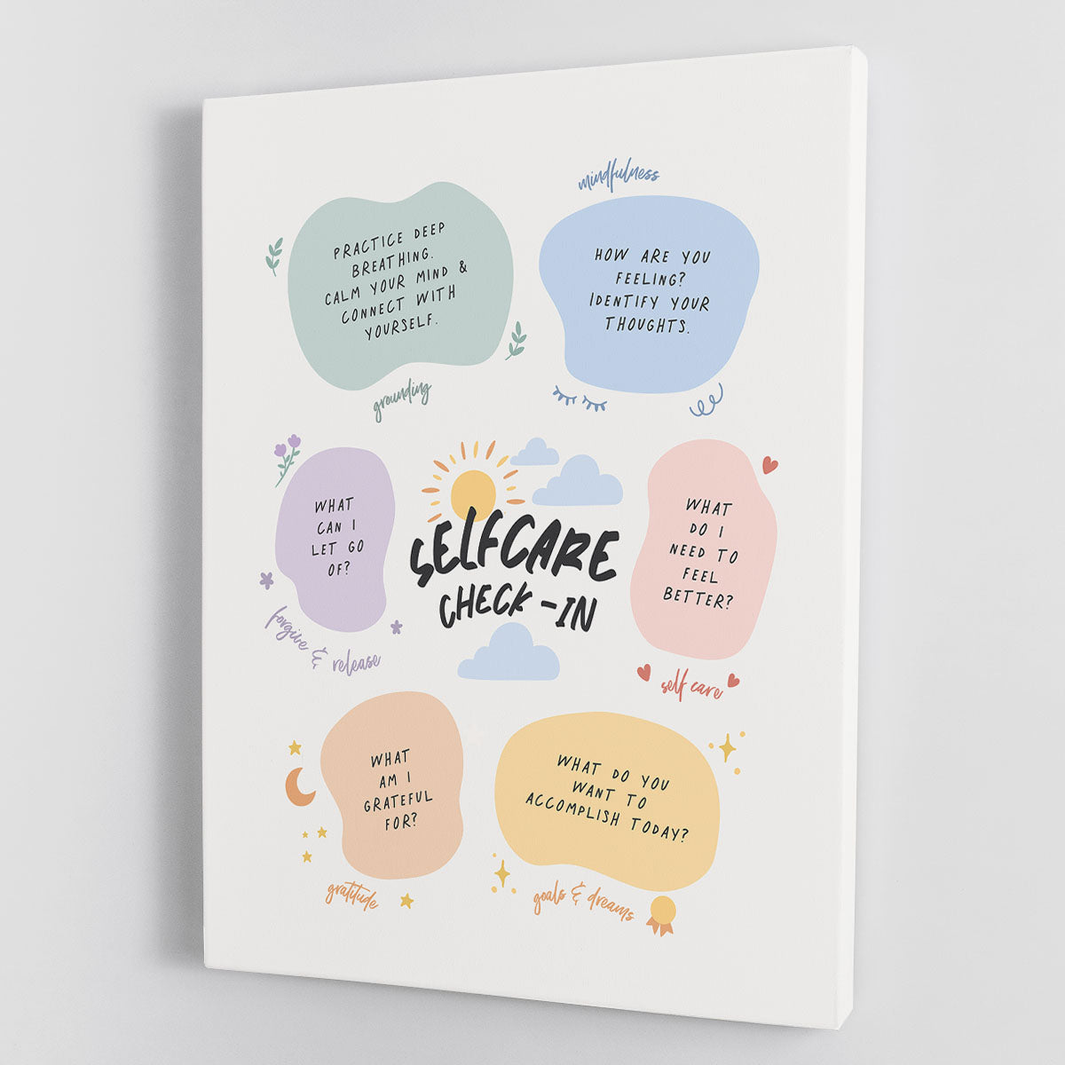 Self Care Checkin canvas print featuring motivational quotes and modern design, perfect for home or office decor.