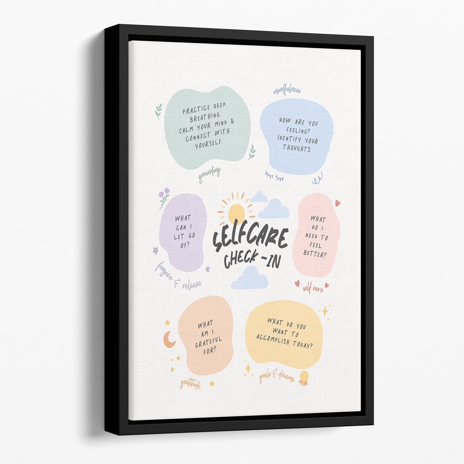 Self Care Checkin Floating Framed Canvas featuring vibrant abstract art in an elegant wooden frame.