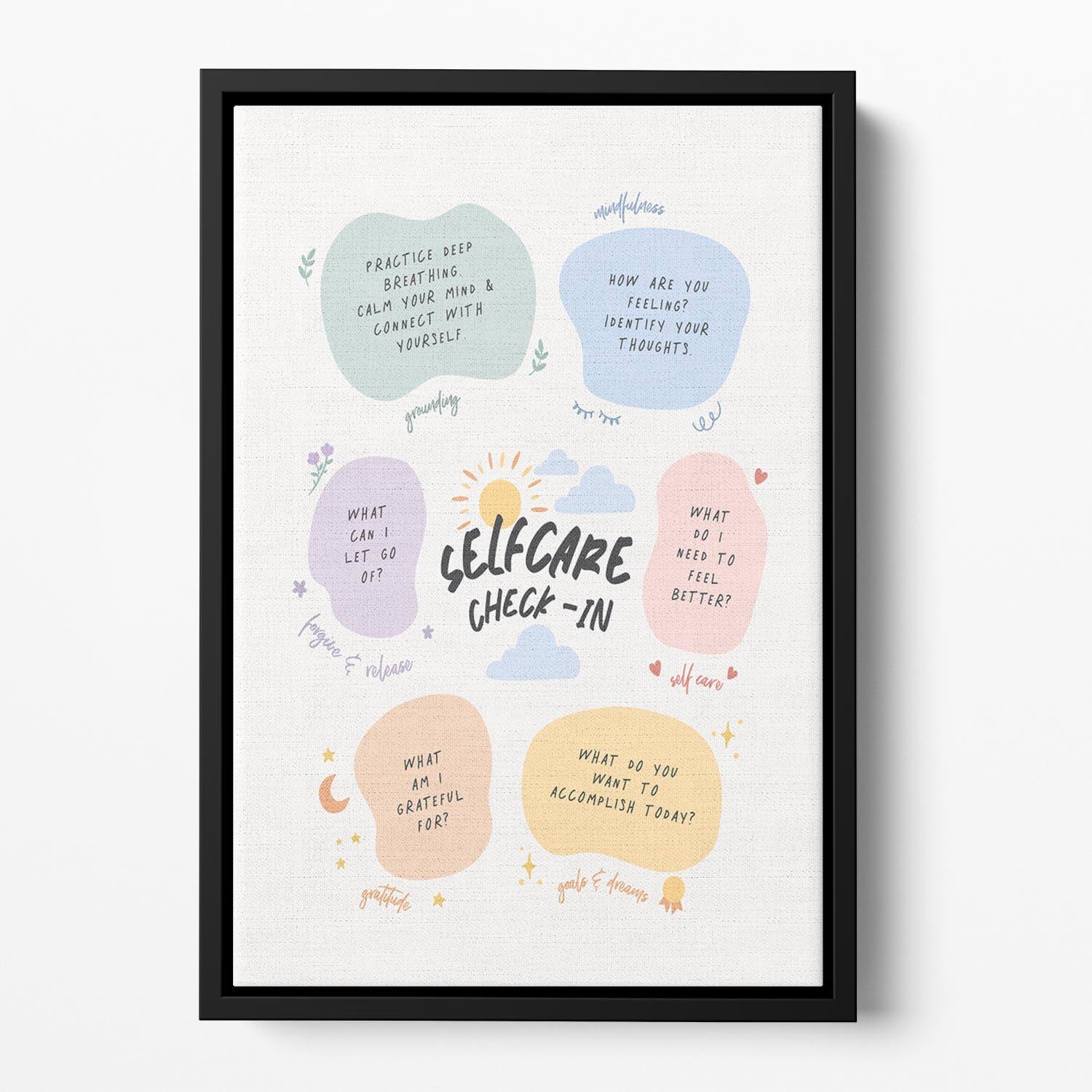 Self Care Checkin Floating Framed Canvas featuring vibrant abstract art in an elegant wooden frame.