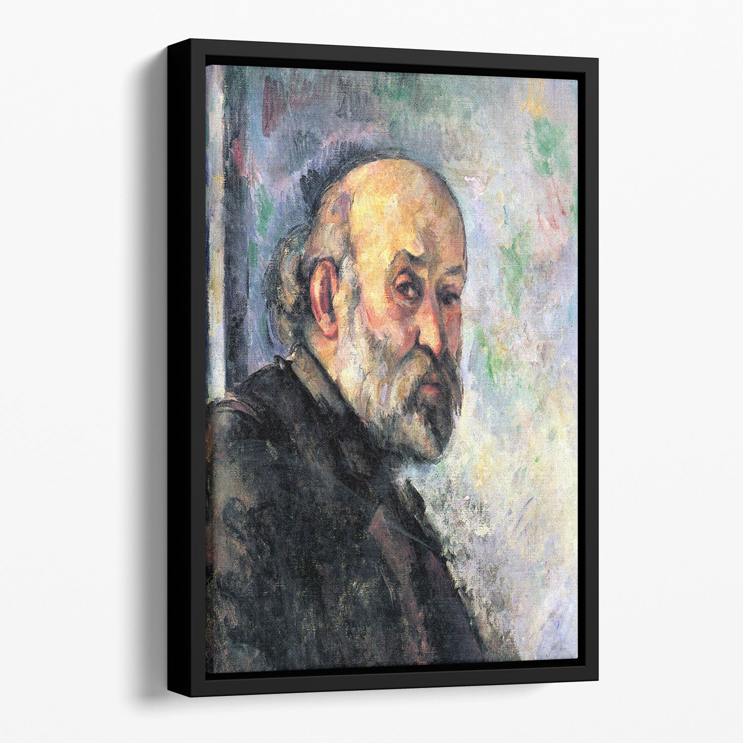 Self Portrait #4 by Cezanne in a stylish floating frame, showcasing vibrant colors and abstract design.