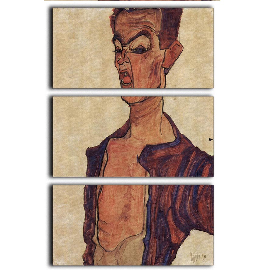 Three-panel canvas art featuring Egon Schiele's Self-Portrait a grimace scissoring, showcasing vibrant colors and intricate details.